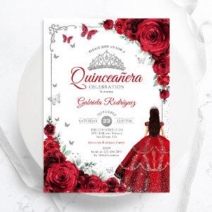 Elegant Chic Red Roses Silver Quinceanera