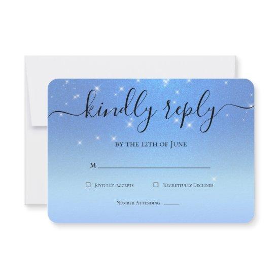Elegant Chic Royal Blue Glitter Floral Quinceanera RSVP Card