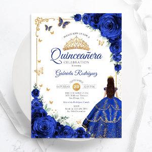 Elegant Chic Royal Blue Roses Gold Quinceanera