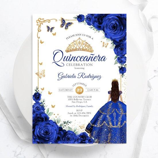 Elegant Chic Royal Blue Roses Gold Quinceanera