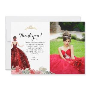 Elegant Chic Ruby Red Floral Geometric Quinceañera Thank You Card
