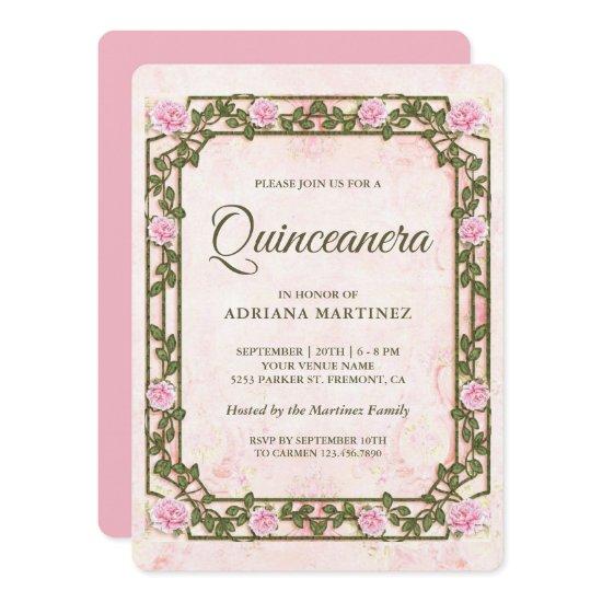 Elegant Chic Vintage Rustic Pink Roses Quinceanera