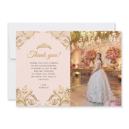 Elegant Classic Blush Pink Gold Photo Quinceañera Thank You Card
