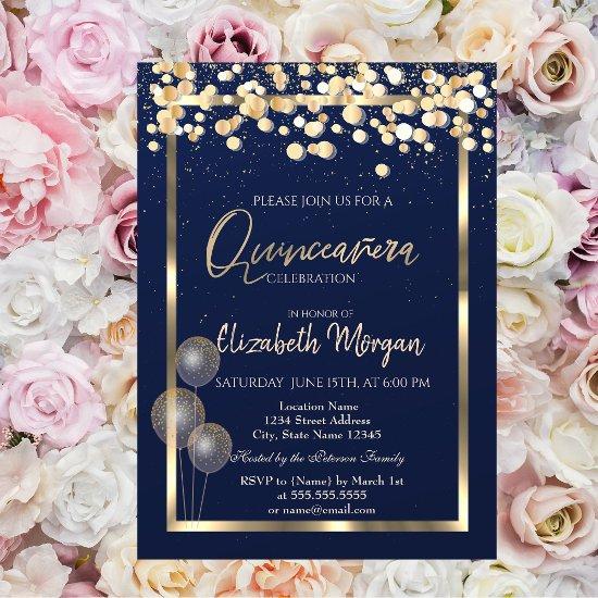 Elegant Confetti Balloons Navy Blue Quinceañera