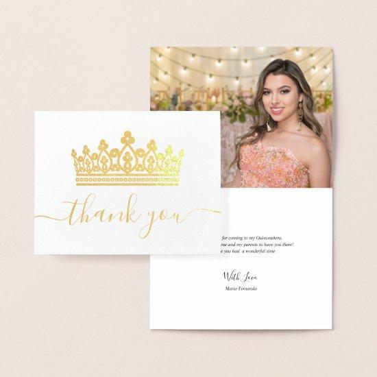 Elegant Crown Photo Quinceanera Thank You Gold Foil Card