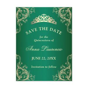 Elegant Damask Green Quinceanera Save The Date Postcard