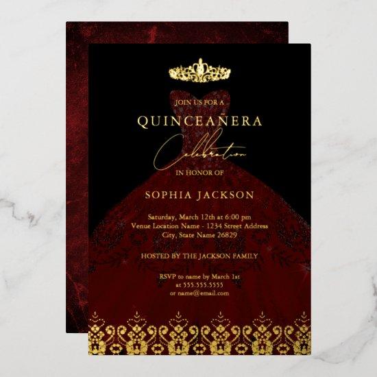 Elegant Damask Tiara Red Gold Quinceanera  Foil
