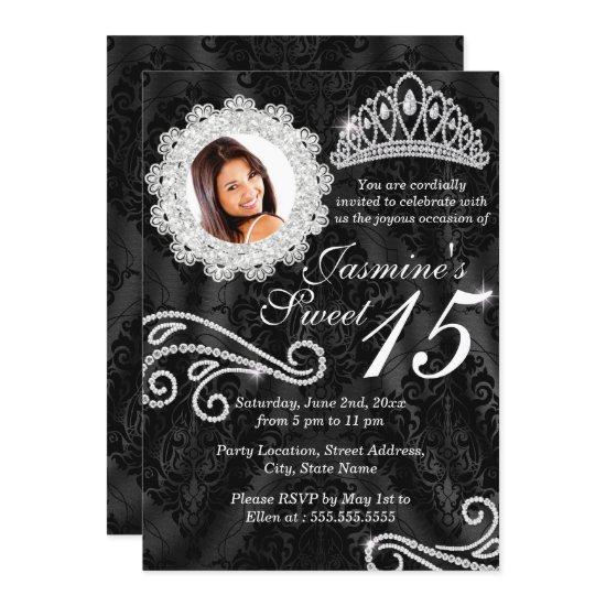 Elegant Diamond & Damask Photo Quinceanera Invite