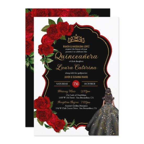 Elegant Dress Quinceanera Red Roses Black and Gold