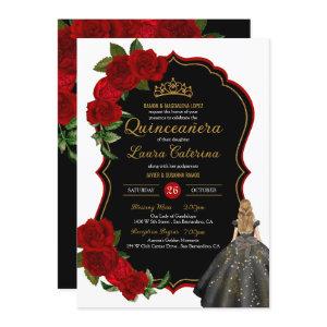 Elegant Dress Quinceanera Red Roses Black and Gold