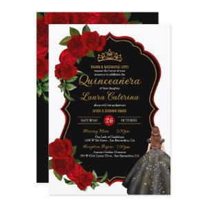 Elegant Dress Quinceanera Red Roses Black and Gold