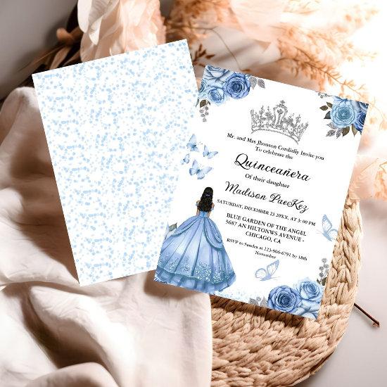 Elegant Dusty Blue Floral Butterfly  Quinceanera