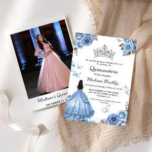 Elegant Dusty Blue Floral Butterfly  Quinceanera
