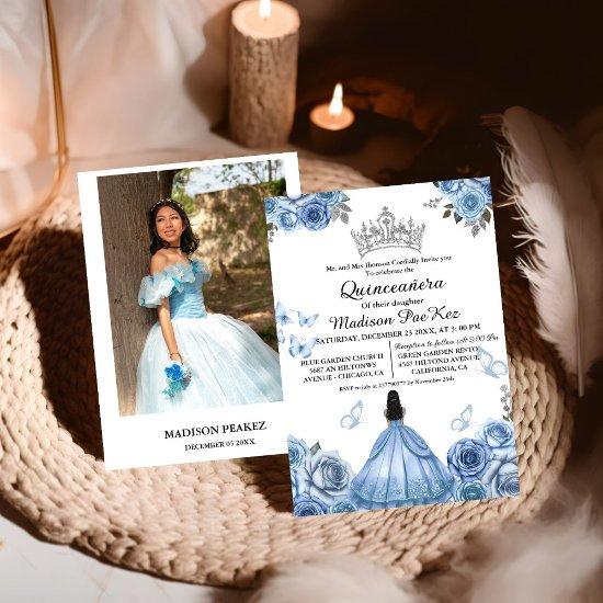 Elegant  Dusty Blue Floral Butterfly  Quinceanera