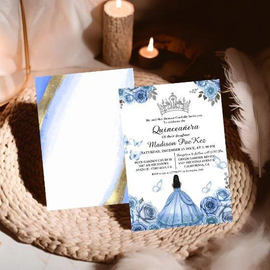 Elegant  Dusty Blue Floral Butterfly  Quinceanera