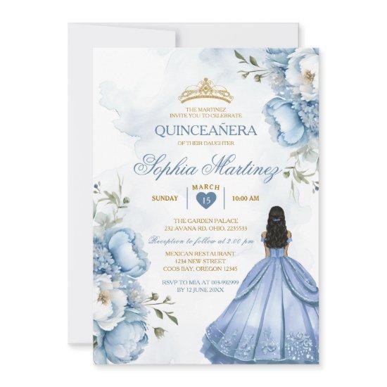 Elegant Dusty Blue Flowers Princess Quinceañera