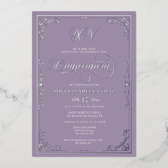 Elegant Dusty Purple Lavender Quinceañera Silver  Foil