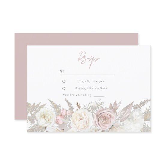 Elegant Dusty Rose & Ivory White Floral Wedding RSVP Card