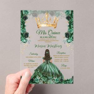 Elegant Emerald Green Floral Gold Crown Mis Quince Acrylic