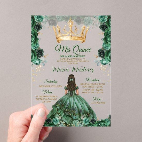 Elegant Emerald Green Floral Gold Crown Mis Quince Acrylic