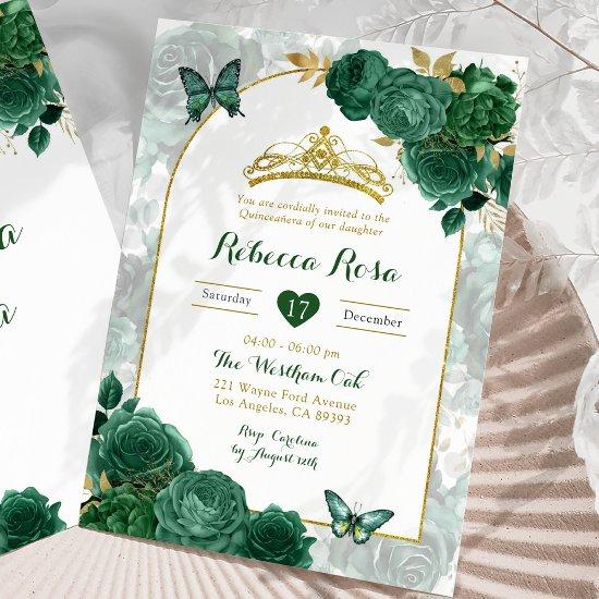 Elegant Emerald Green Floral Royal Quinceañera