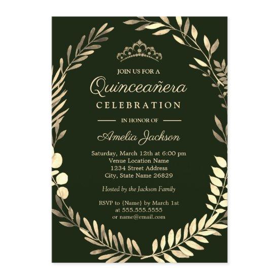 Elegant Emerald Green Gold Wreath Quinceanera
