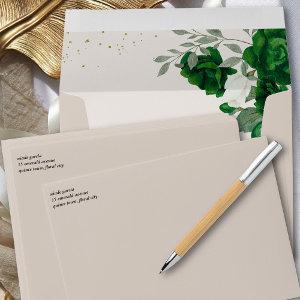 Elegant Emerald Green Ivory Roses Floral Addressed Envelope