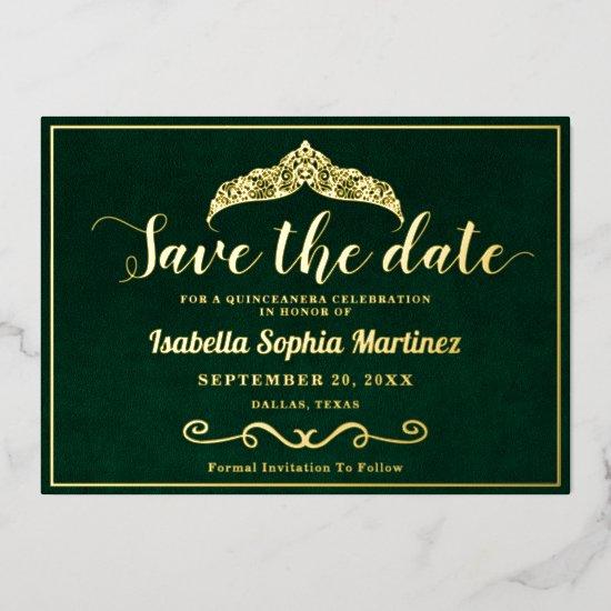 Elegant Emerald Green Quinceañera Save The Date  Foil