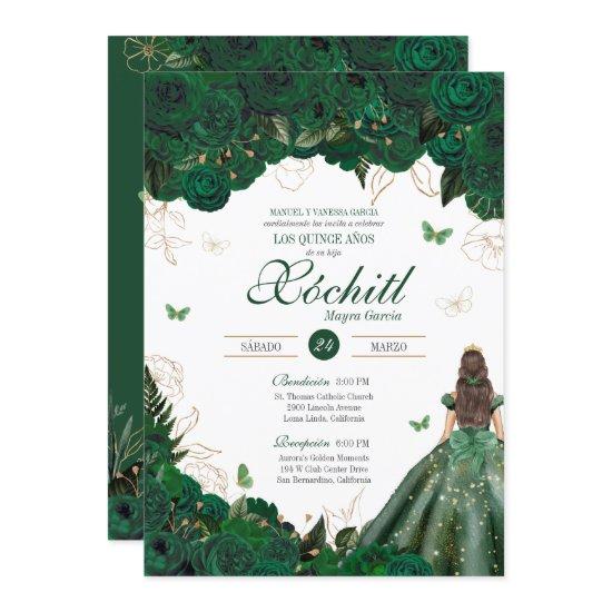 Elegant Emerald Green Roses Butterfly Quinceañera