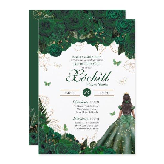 Elegant Emerald Green Roses Butterfly Quinceañera