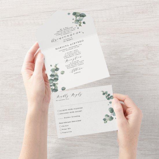 Elegant Eucalyptus Traditional Wording Quinceañera All In One