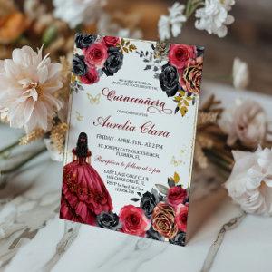 Elegant Floral Black and Red Quinceanera
