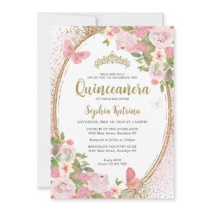 Elegant Floral Blush Pink Gold Tiara Quinceañera