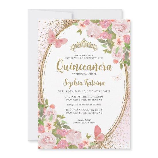 Elegant Floral Blush Pink Gold Tiara Quinceañera
