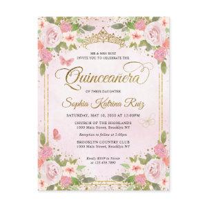 Elegant Floral Blush Pink Gold Tiara Quinceañera Postcard