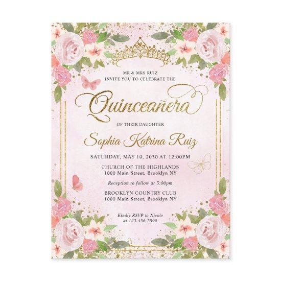 Elegant Floral Blush Pink Gold Tiara Quinceañera Postcard