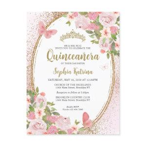Elegant Floral Blush Pink Gold Tiara Quinceañera Postcard