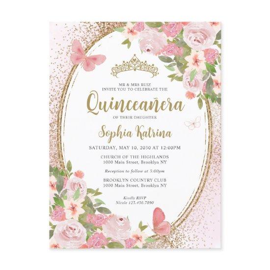 Elegant Floral Blush Pink Gold Tiara Quinceañera Postcard