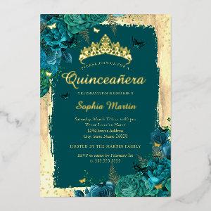 Elegant Floral Butterfly Gold Teal Quinceanera  Foil