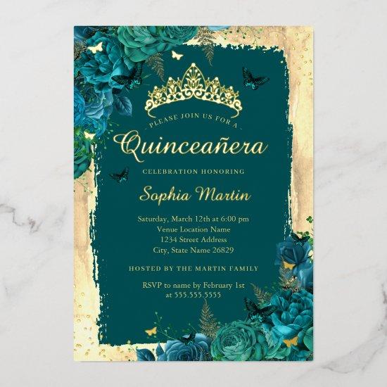 Elegant Floral Butterfly Gold Teal Quinceanera  Foil