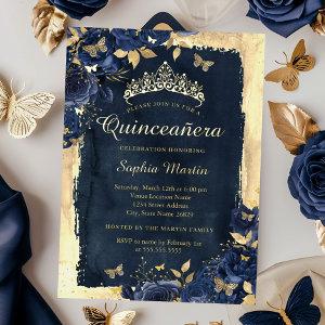 Elegant Floral Butterfly Navy Gold Quinceanera  Foil