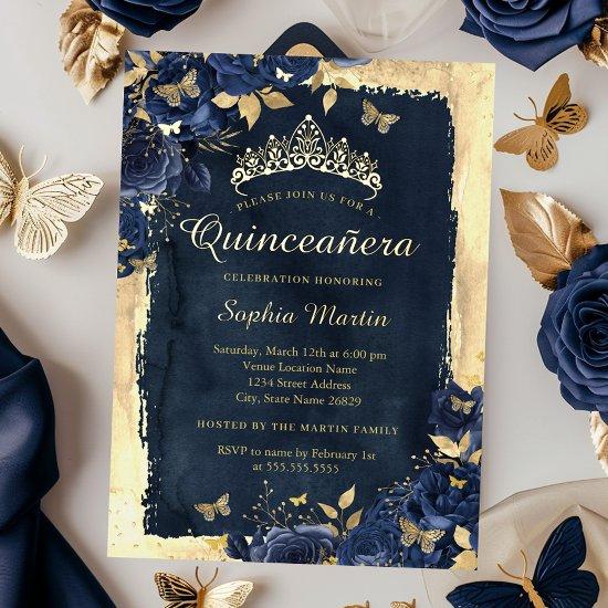 Elegant Floral Butterfly Navy Gold Quinceanera  Foil
