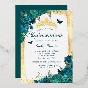 Elegant Floral Butterfly Teal Gold Quinceanera  Foil