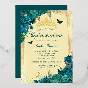 Elegant Floral Butterfly Teal Quinceanera  Foil