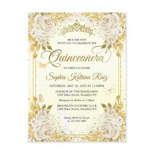 Elegant Floral Champagne Gold Tiara Quinceañera Postcard