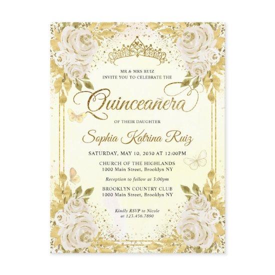 Elegant Floral Champagne Gold Tiara Quinceañera Postcard