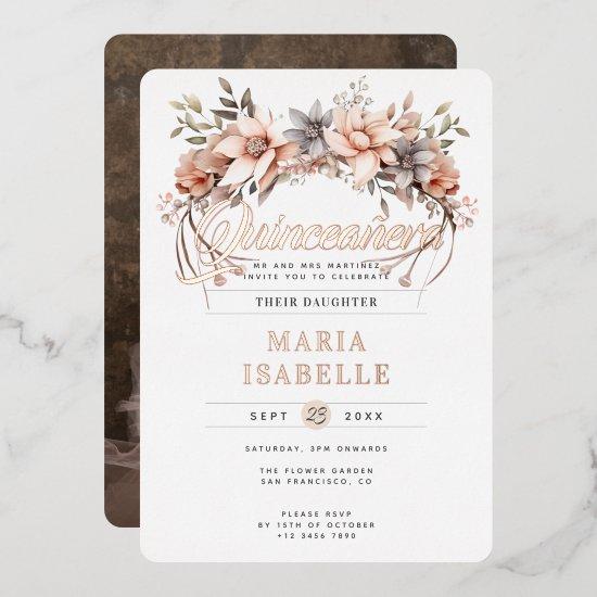 Elegant Floral Crown Quinceañera Party Rose Gold Foil