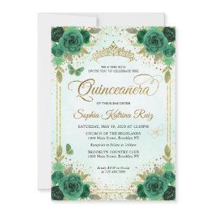 Elegant Floral Emerald Green Glam Gold Quinceañera