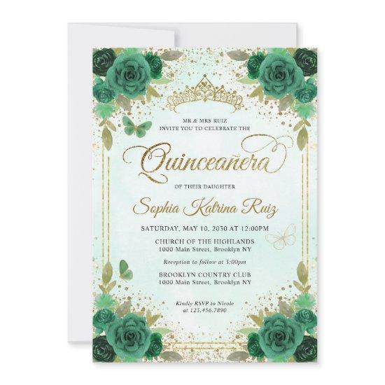 Elegant Floral Emerald Green Glam Gold Quinceañera