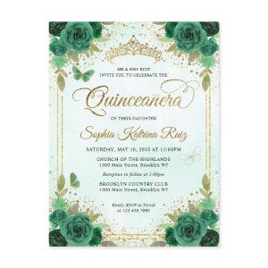 Elegant Floral Emerald Green Glam Gold Quinceañera Postcard
